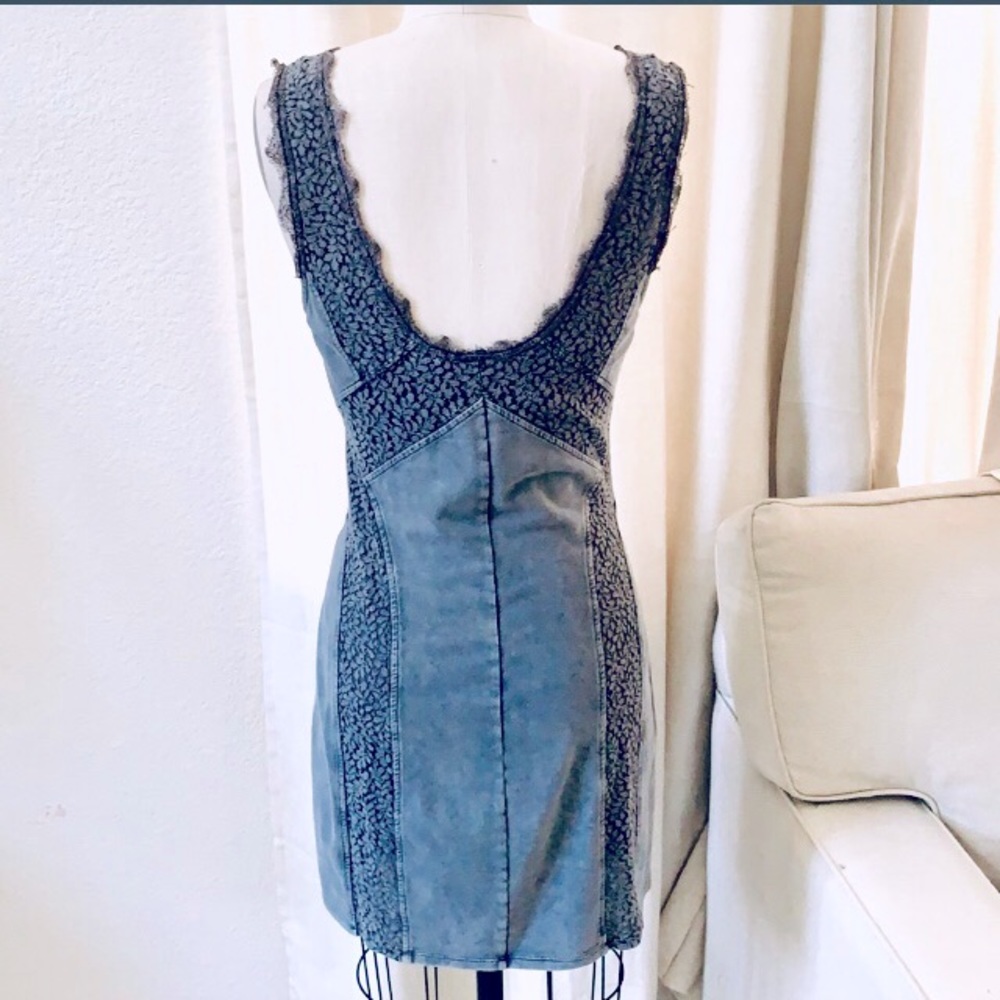 Free People BodyCon Tank Dress Blue/Grey w/ Lace Inlay Stone Wash Cotton/Spandex - Picture 2 of 14